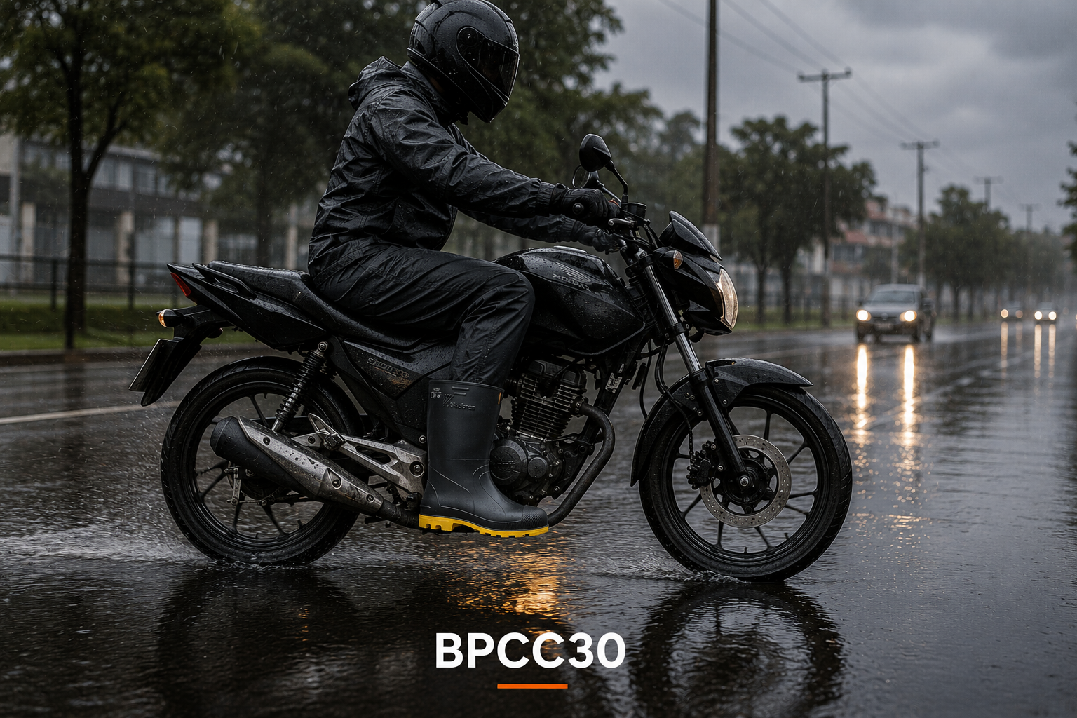 Motociclista em ambiente chuvoso